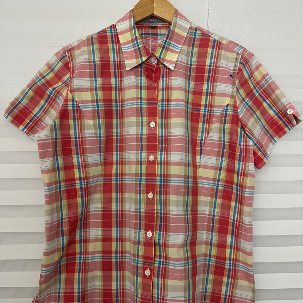 Foxcroft Womens 14 Red Plaid Wrinkle Free Fitted Short Sleeve Button Down Shirt - Picture 3 of 8